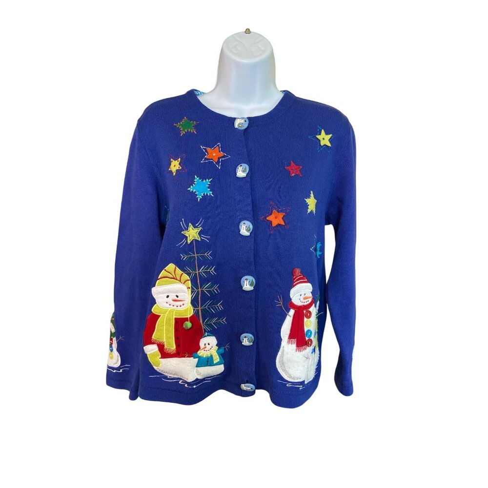 Vintage Onque Casuals Cardigan Small Blue Ugly Christmas Sweater Snowman Stars - Picture 2 of 10